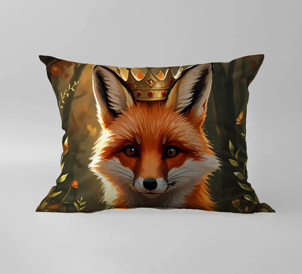 Volpe con corona nella foresta d'autunno cuscino da DesignDoodle
