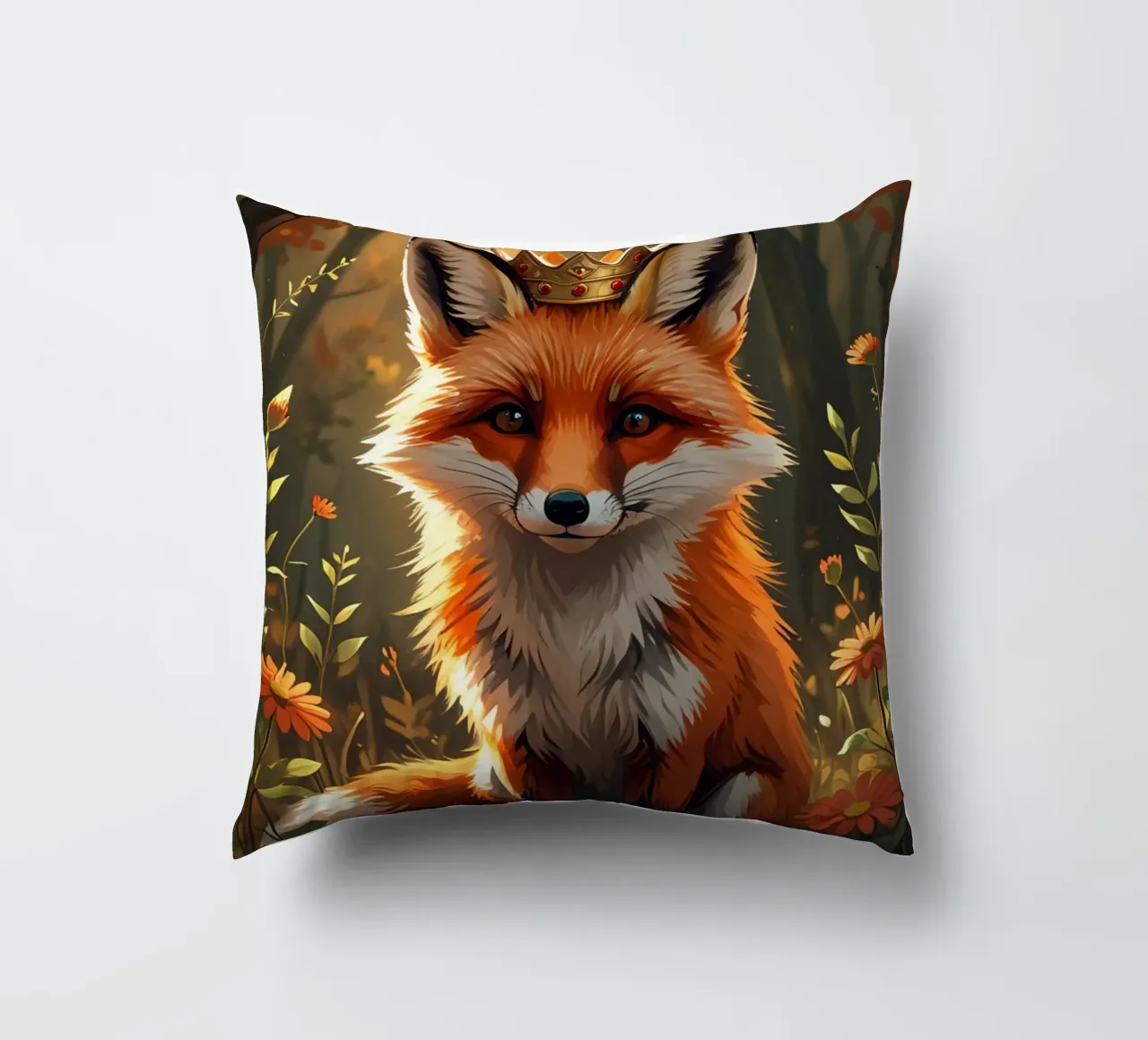 Volpe con corona nella foresta d'autunno cuscino da DesignDoodle