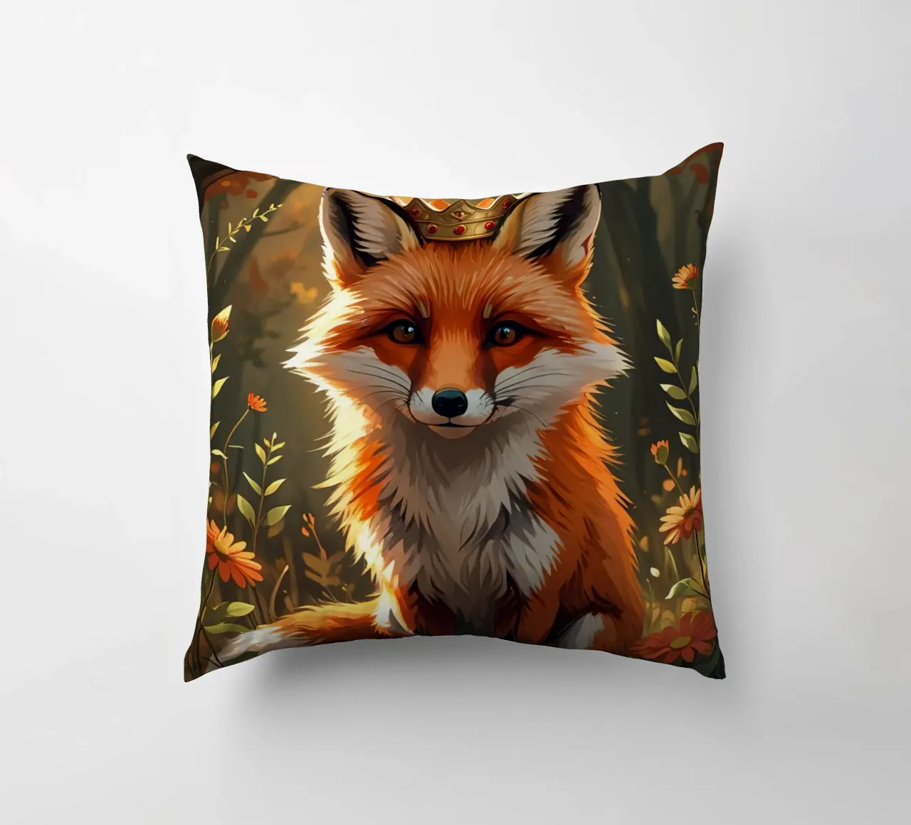 Volpe con corona nella foresta d'autunno cuscino da DesignDoodle