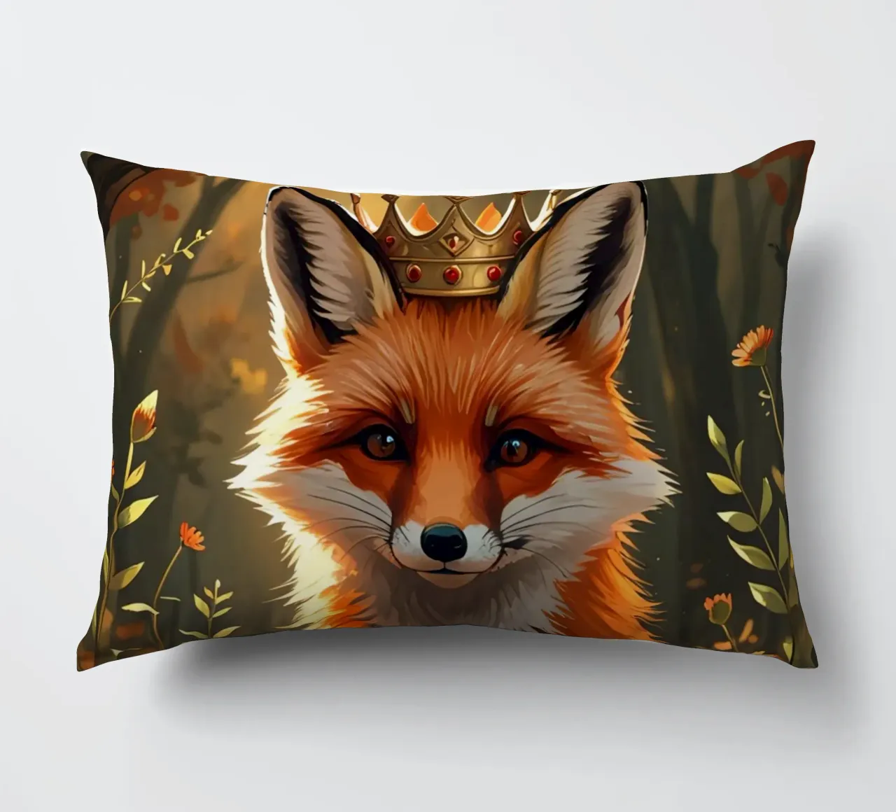 Volpe con corona nella foresta d'autunno cuscino da DesignDoodle