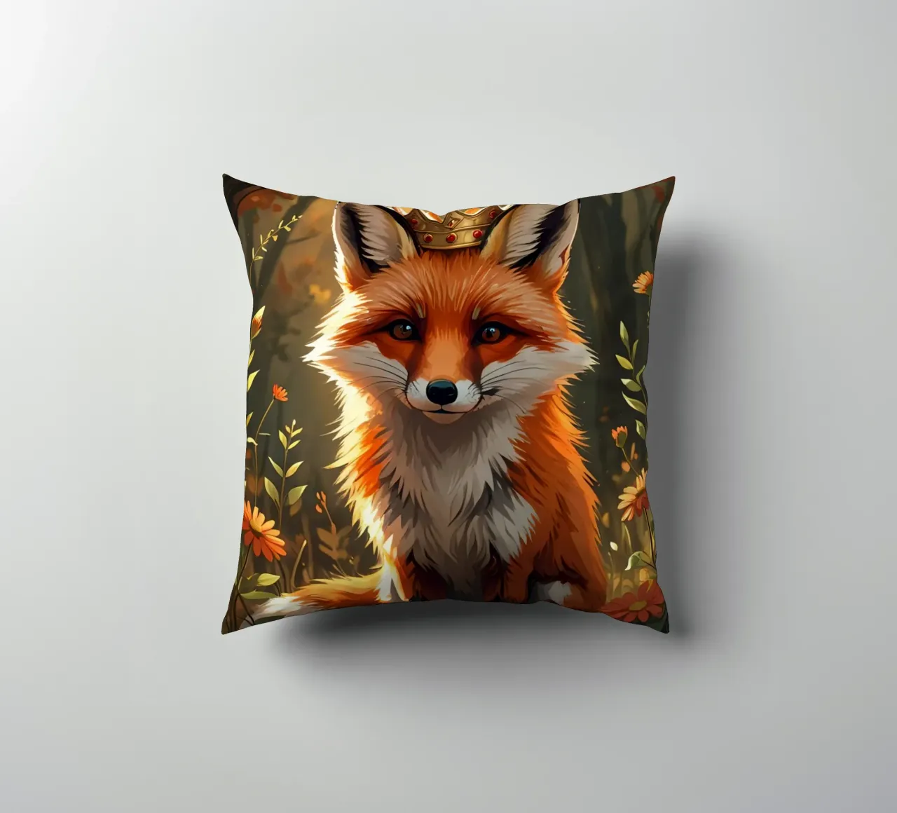 Volpe con corona nella foresta d'autunno cuscino da DesignDoodle