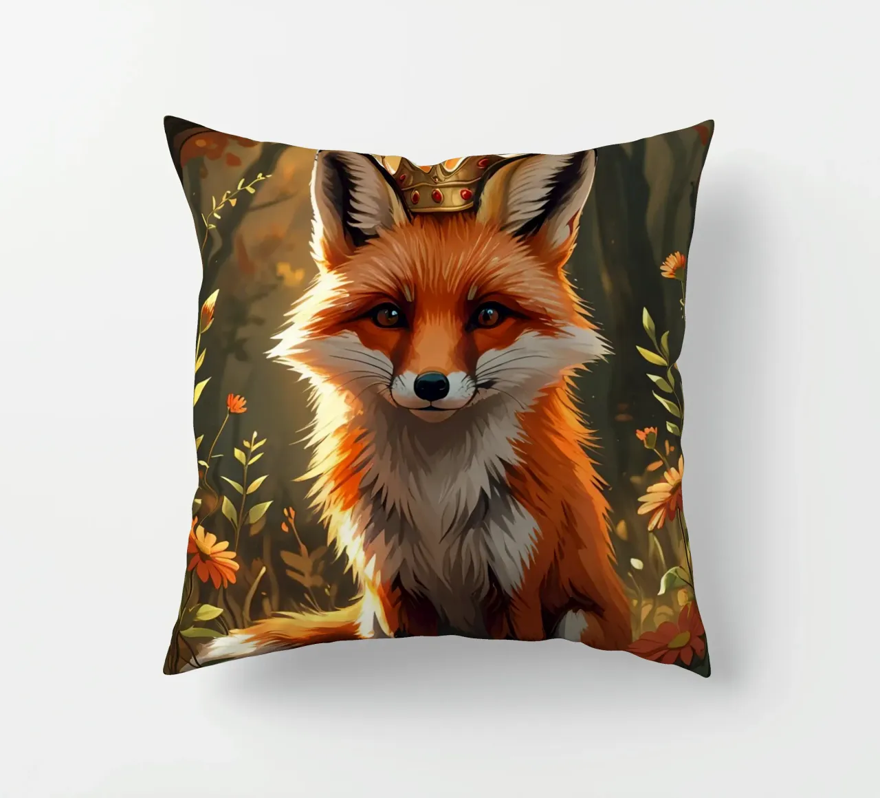 Volpe con corona nella foresta d'autunno cuscino da DesignDoodle