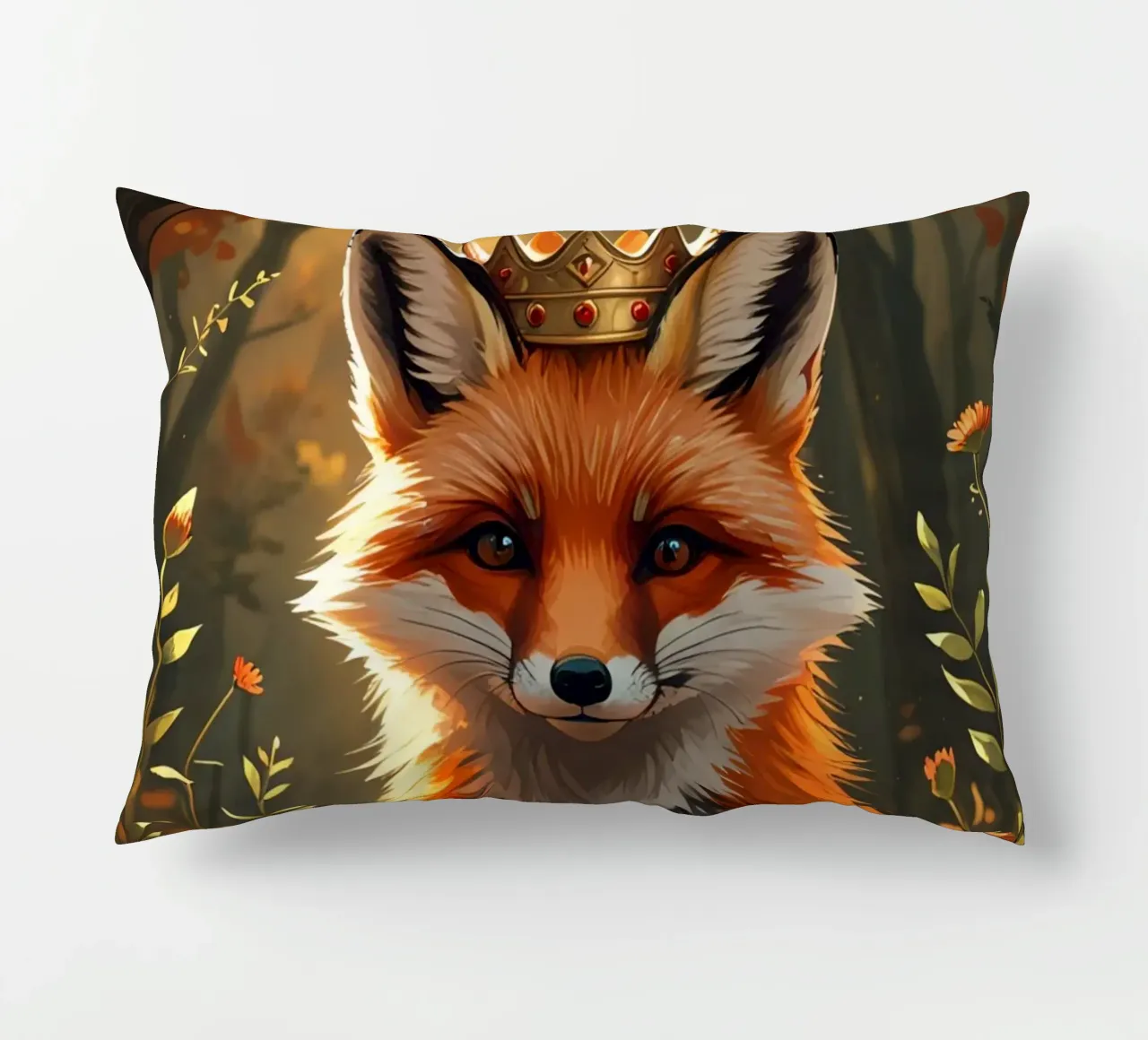 Volpe con corona nella foresta d'autunno cuscino da DesignDoodle