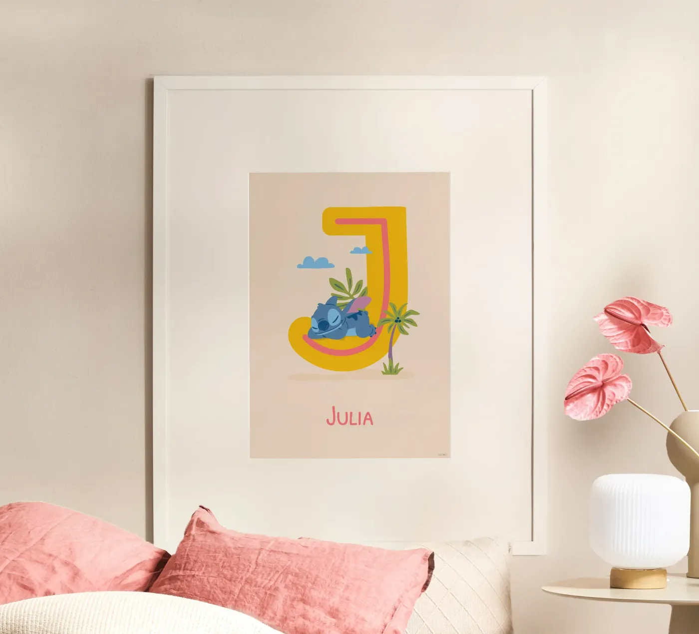 Punto - Lettera J con nome poster con telaio in alluminio da Stitch