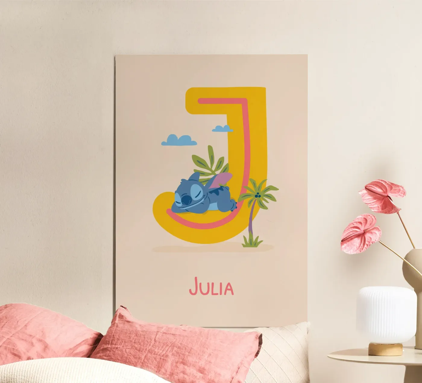 Punto - Lettera J con nome poster con telaio in alluminio da Stitch