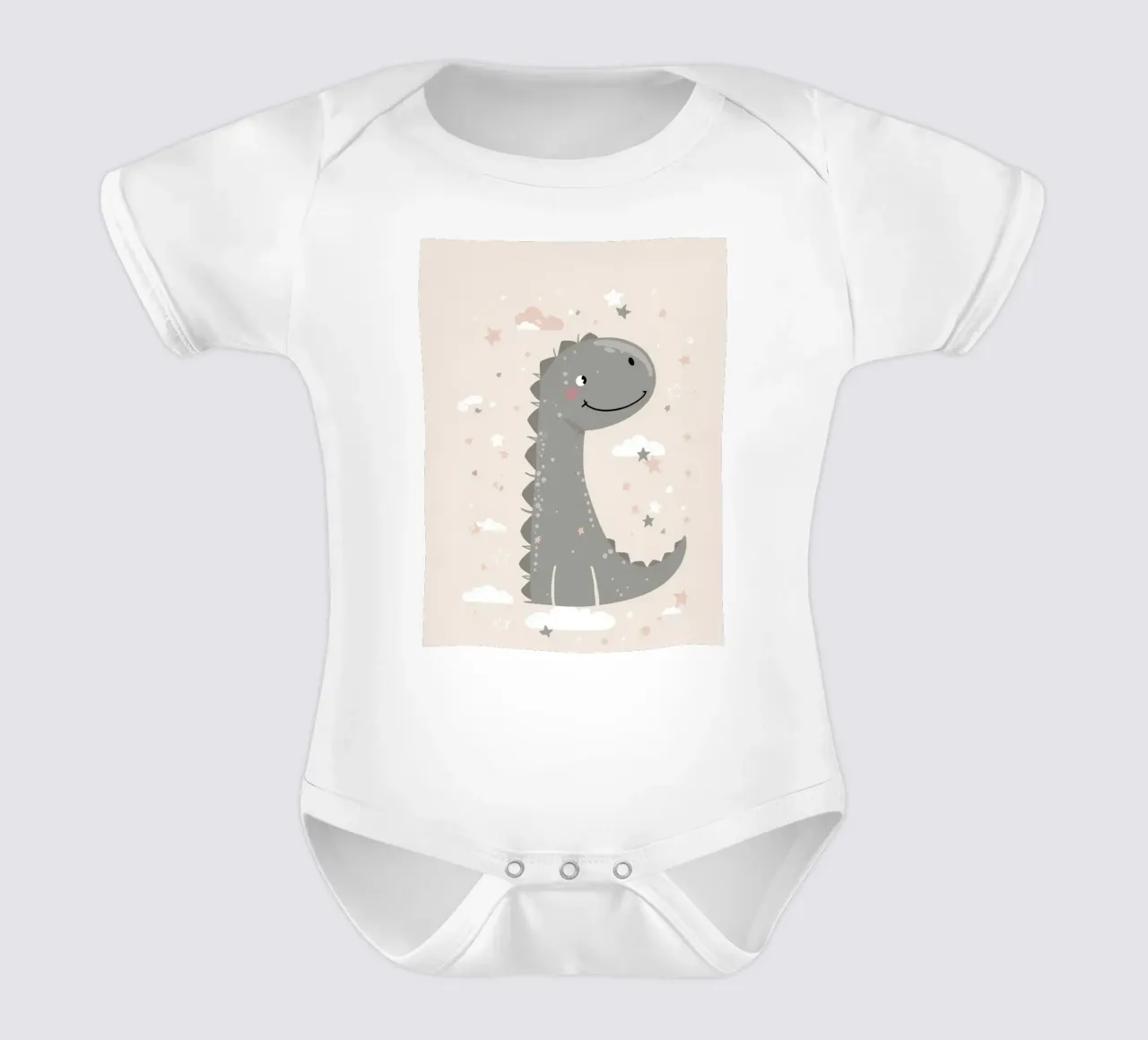 Smiling Grey cartoon dinosaur with clouds and stars short-sleeve baby romper by DesignDoodle