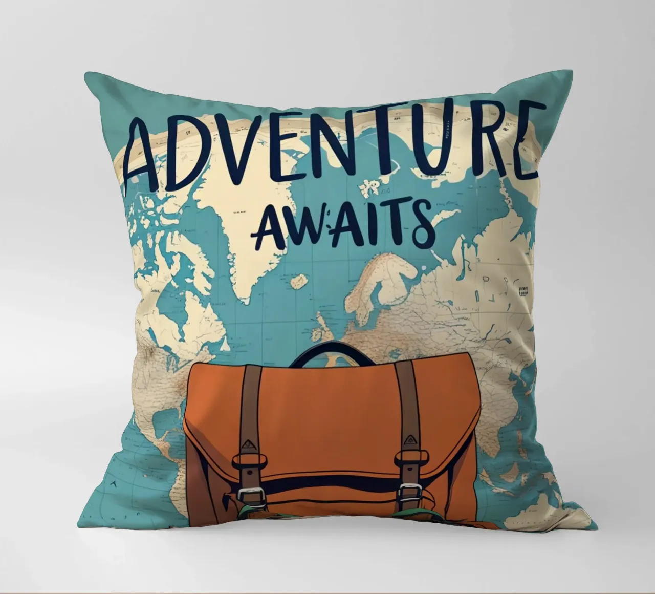 L'avventura vi aspetta con l'attrezzatura e la mappa del mondo cuscino da DesignDoodle
