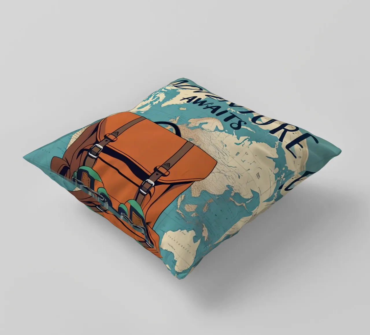 L'avventura vi aspetta con l'attrezzatura e la mappa del mondo cuscino da DesignDoodle