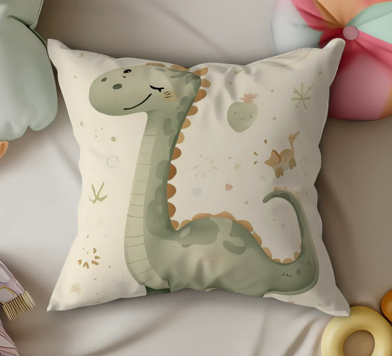 Simpatico dinosauro verde con forme astratte cuscino da DesignDoodle