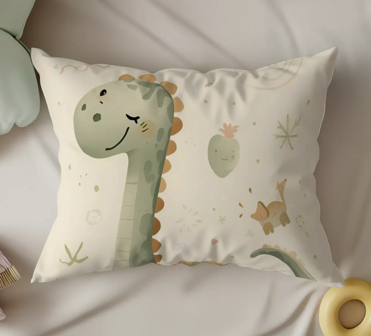 Simpatico dinosauro verde con forme astratte cuscino da DesignDoodle