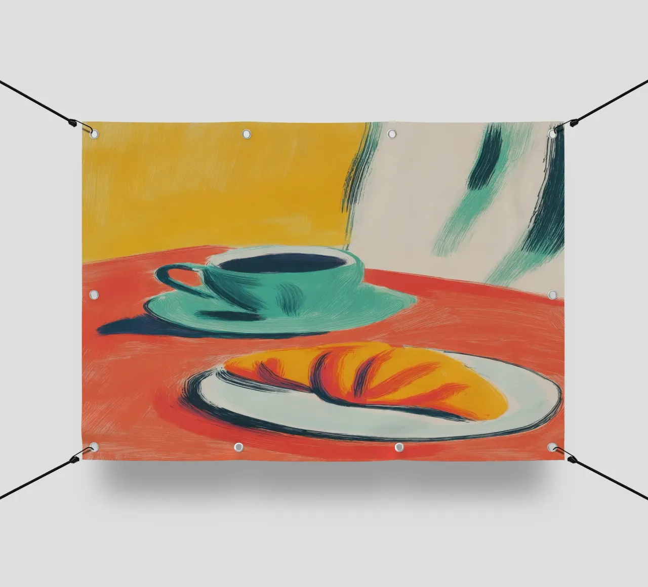 Tazza astratta con croissant telo in pvc da Vivid Narratives