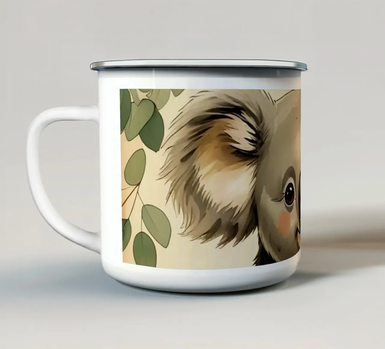 Koala aggrappato ad un albero con foglie di eucalipto tazza in smalto da DesignDoodle