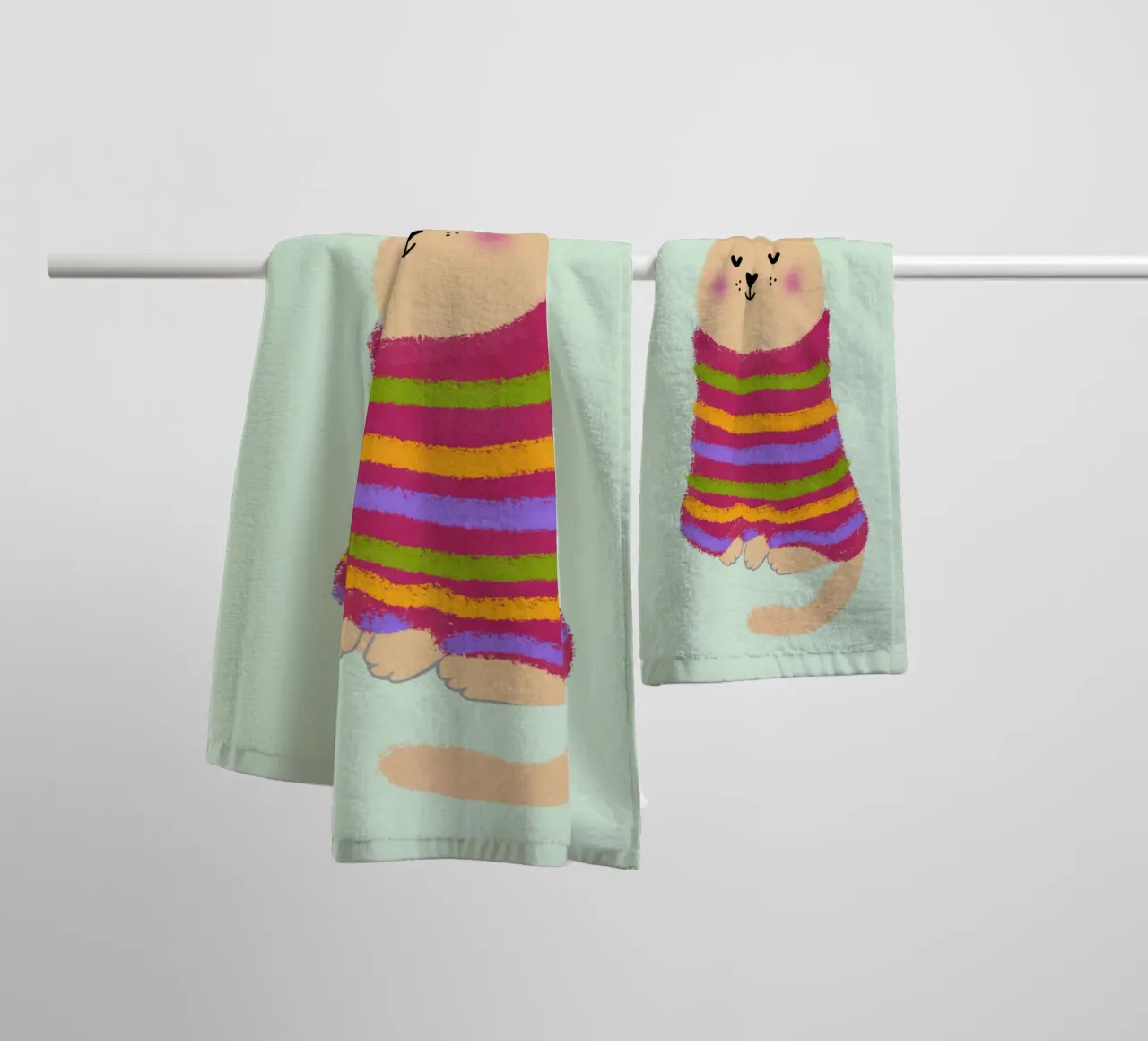 Gatto con maglione a righe asciugamano da bagno da Illustration Raissa Oltmanns