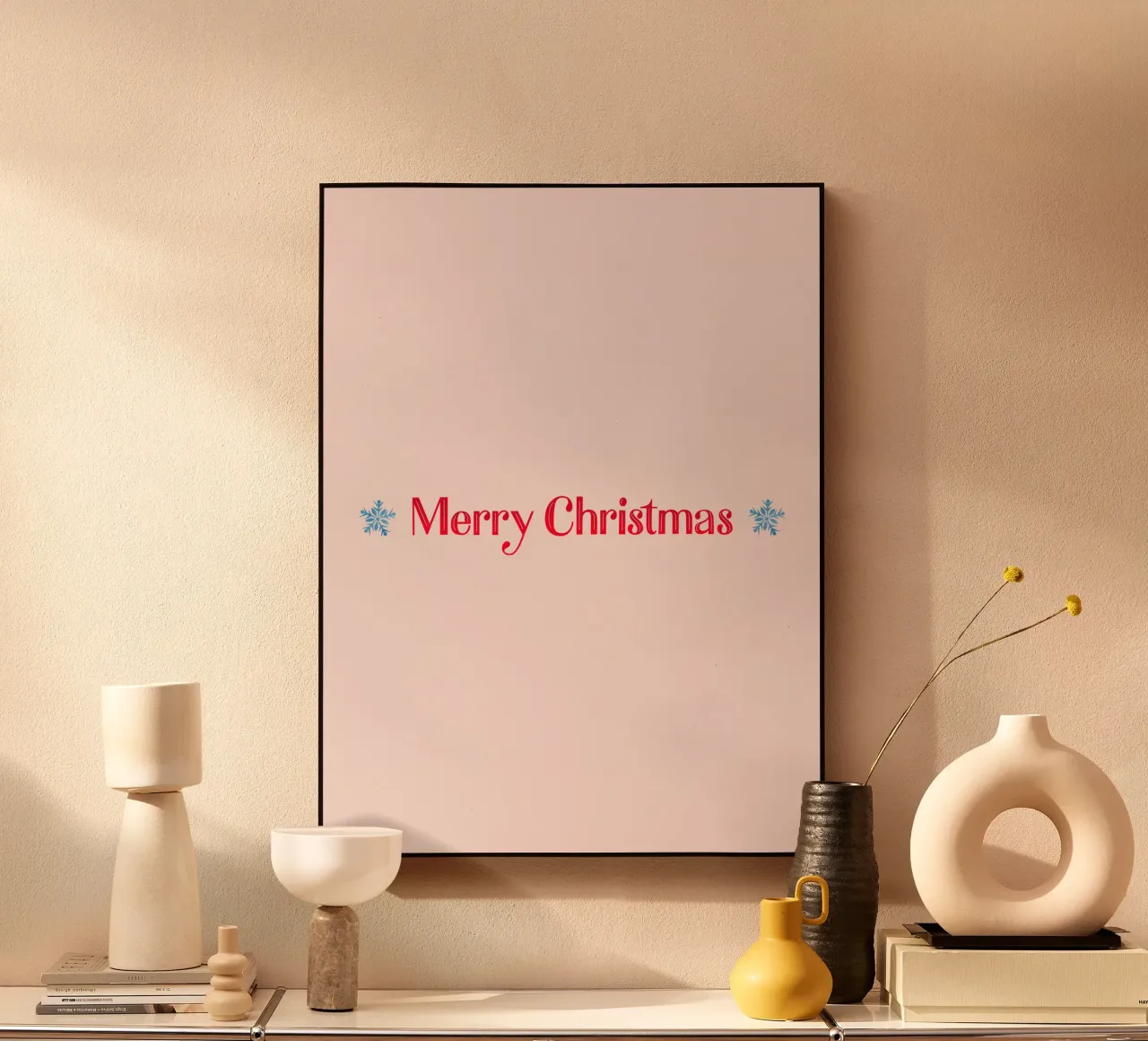 Merry Christmas. Hand Lettering in Red with Two Snowflakes alluminio dibond da CalliLetters2