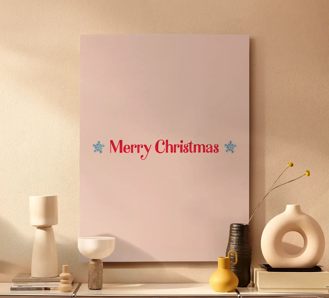 Merry Christmas. Hand Lettering in Red with Two Snowflakes alluminio dibond da CalliLetters2