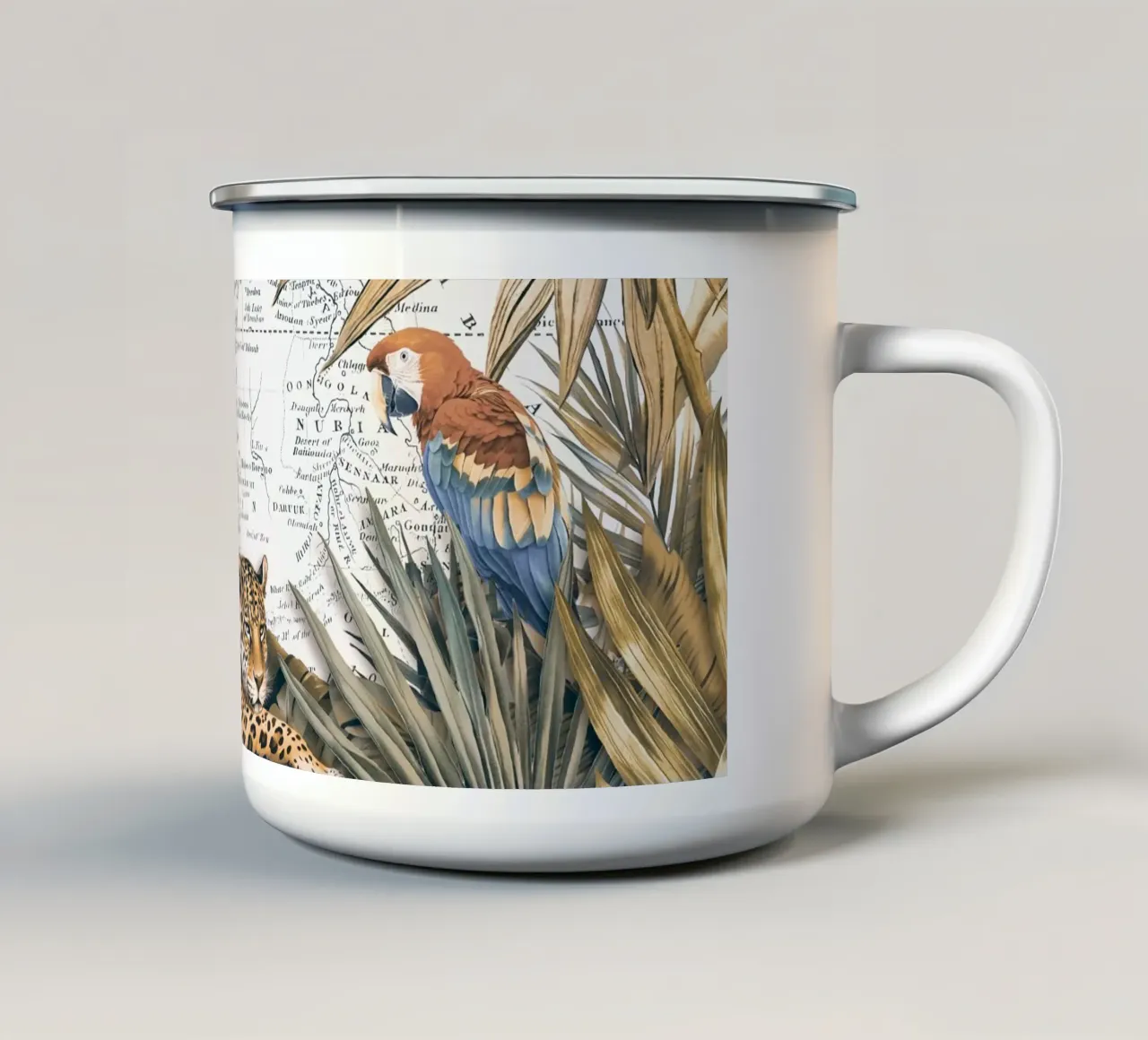 Viaggio tropicale di ghepardi e uccelli tazza in smalto da Andrea Haase Vintage World