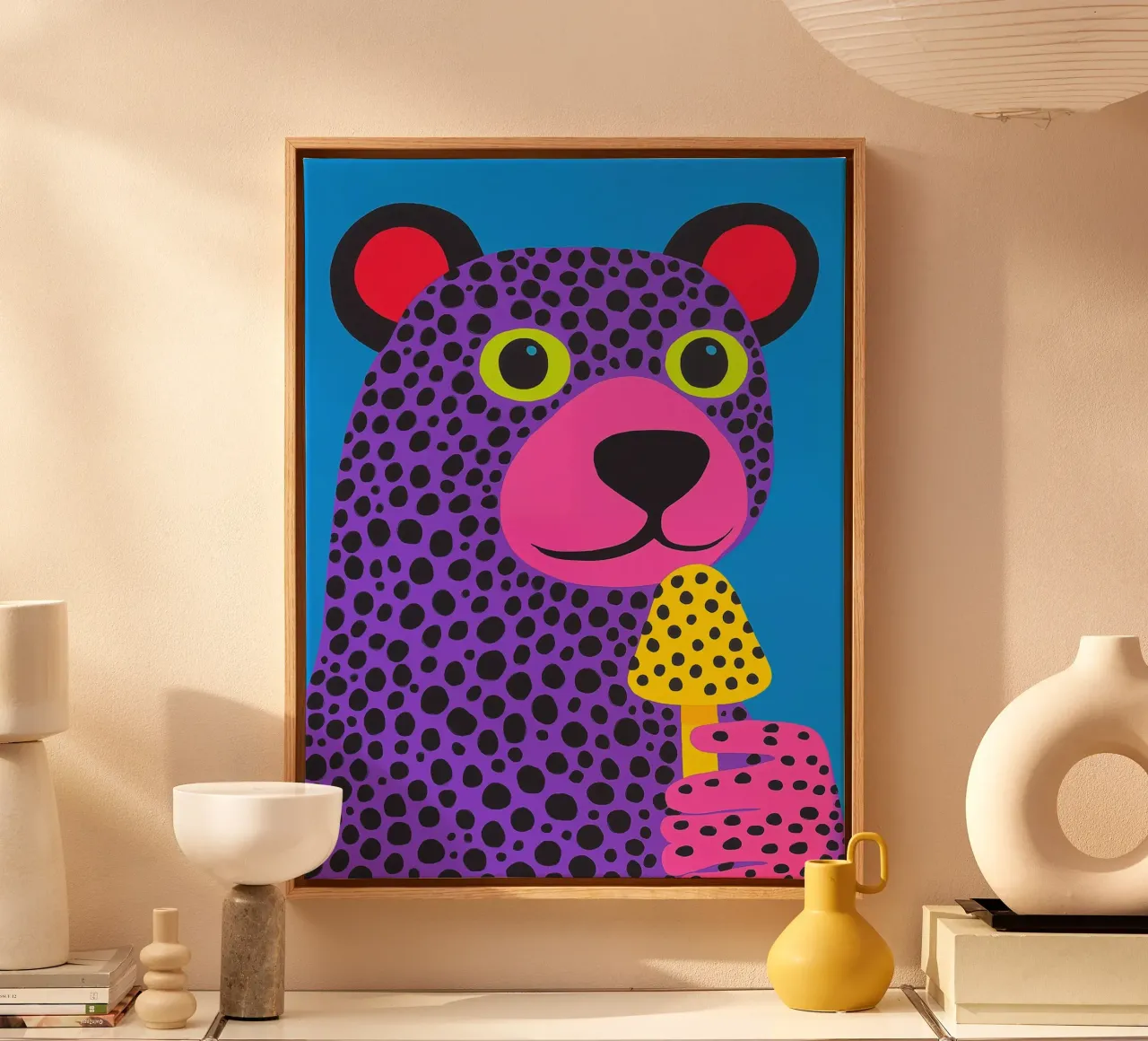 Psychedelic polar bear | Inspired by Kusama's dot patterns canvas with Floater frame by Autofocus
