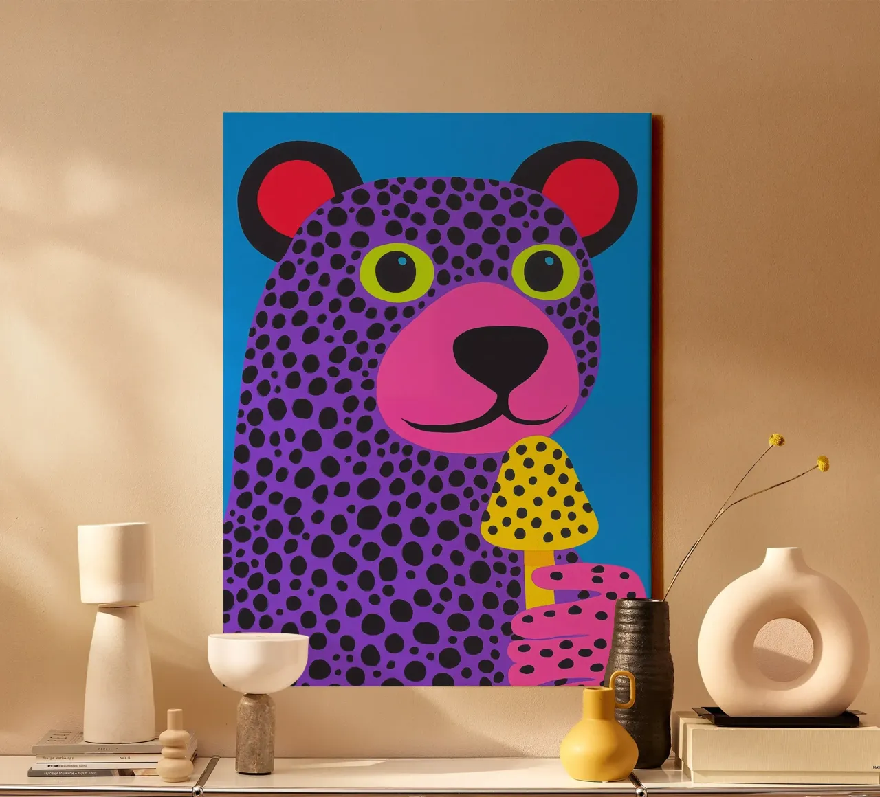 Psychedelic polar bear | Inspired by Kusama's dot patterns canvas with Floater frame by Autofocus