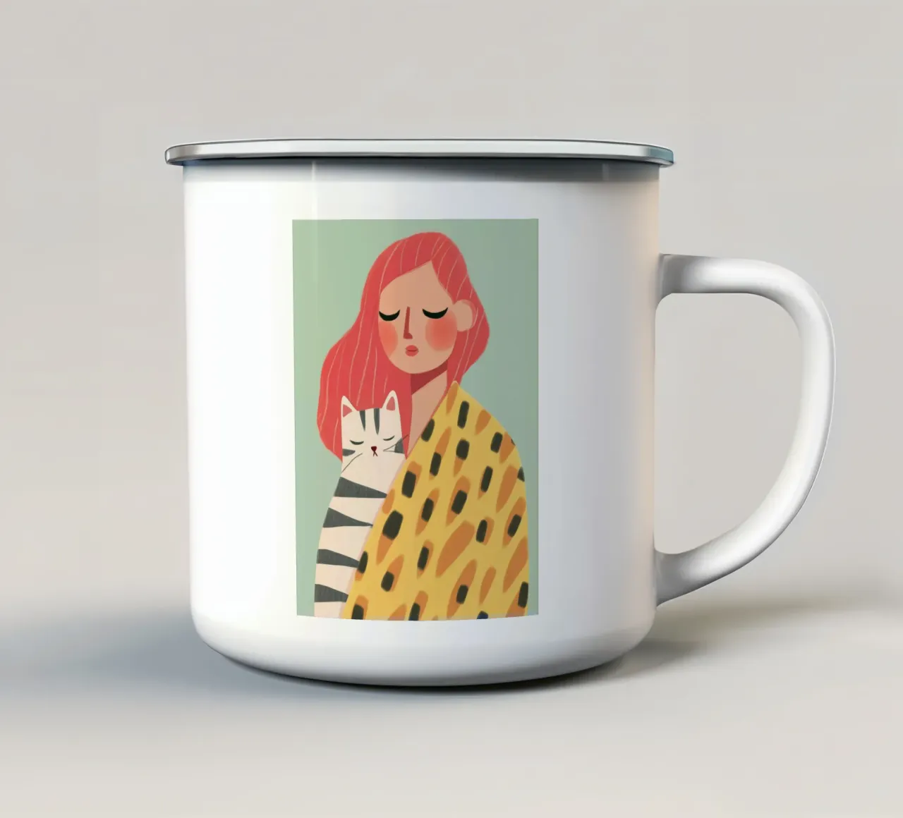 Donna dai capelli rossi con gatto tazza in smalto da Autofocus