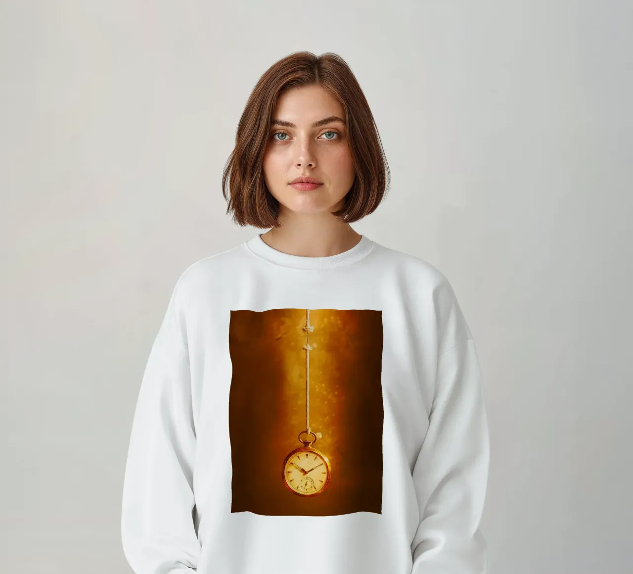 a clock hanging on a nearly broken string sweatshirt by PASMING