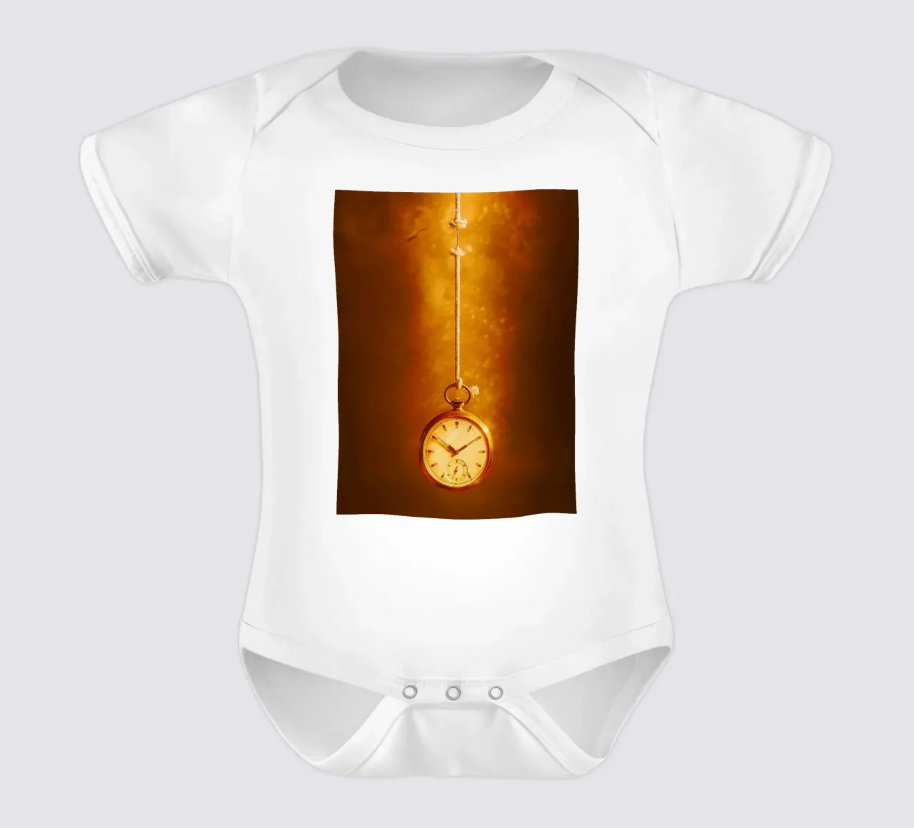 a clock hanging on a nearly broken string short-sleeve baby romper by PASMING