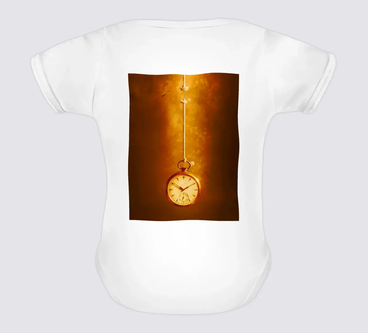 a clock hanging on a nearly broken string short-sleeve baby romper by PASMING