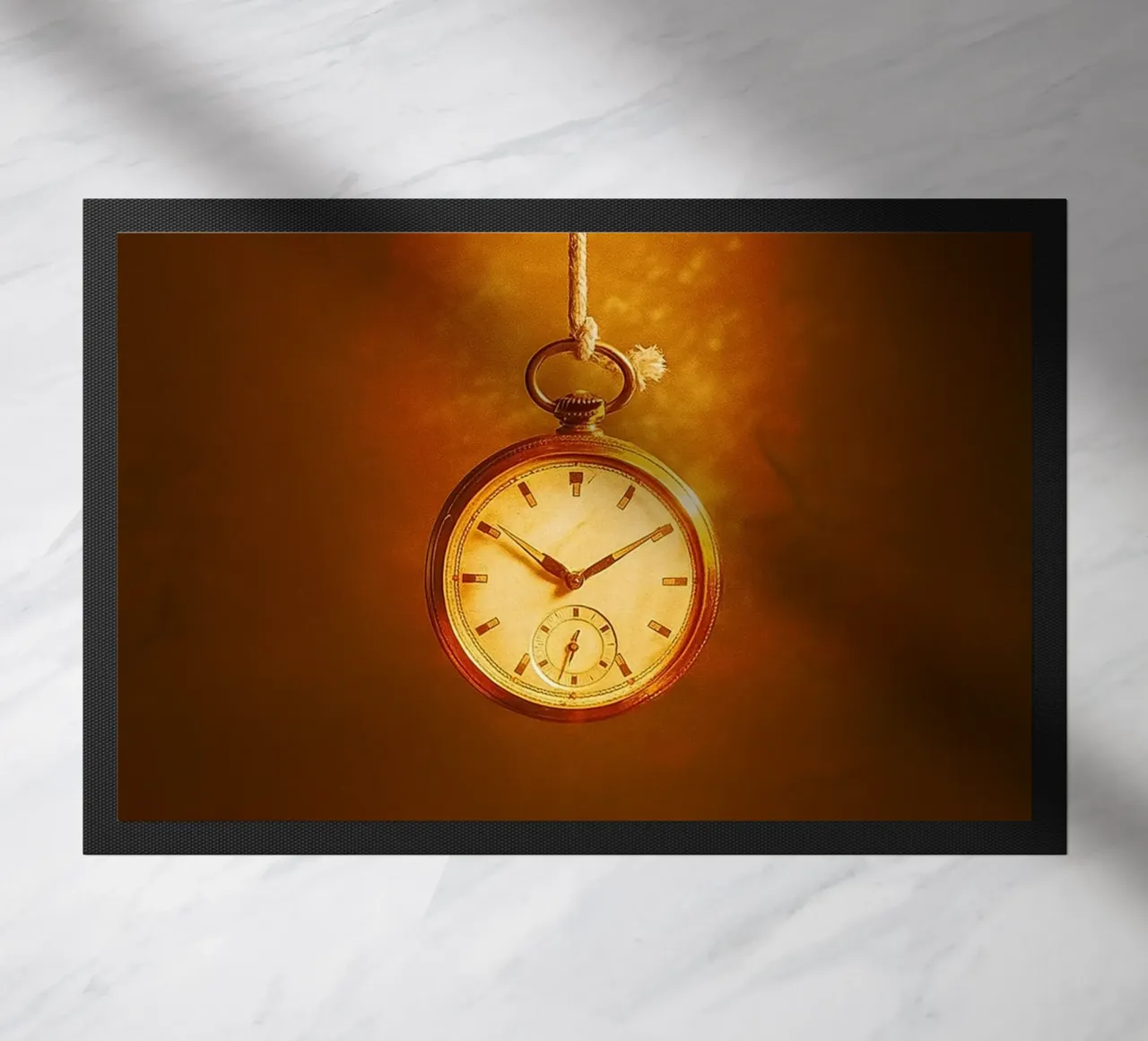 a clock hanging on a nearly broken string doormat by PASMING