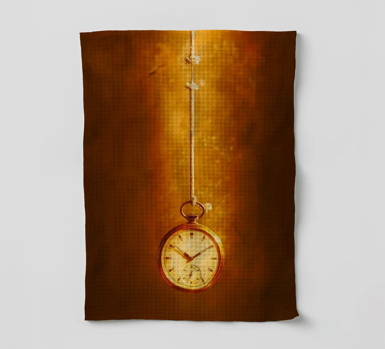 a clock hanging on a nearly broken string tea towel by PASMING