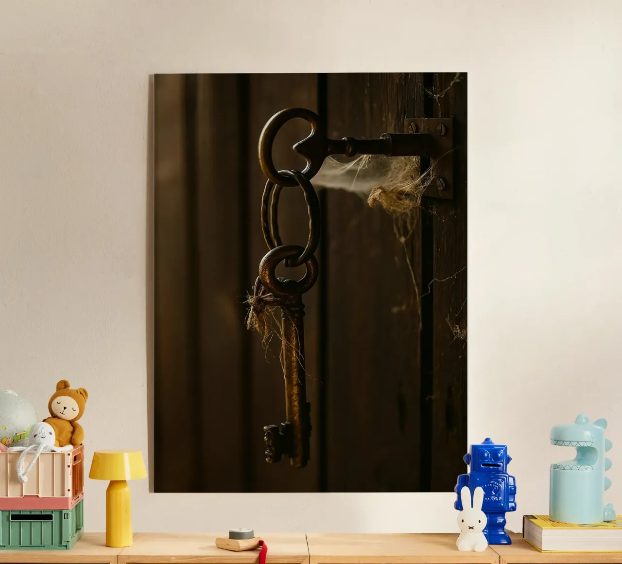 una chiave appesa a una vecchia porta plexiglass da PASMING