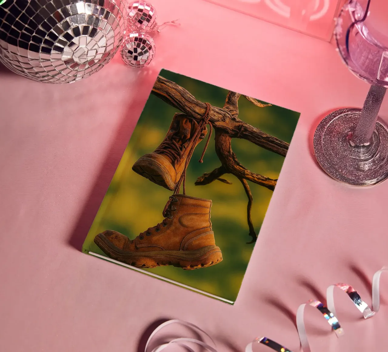 a pair of boots hanging from a tree branch notebook by PASMING