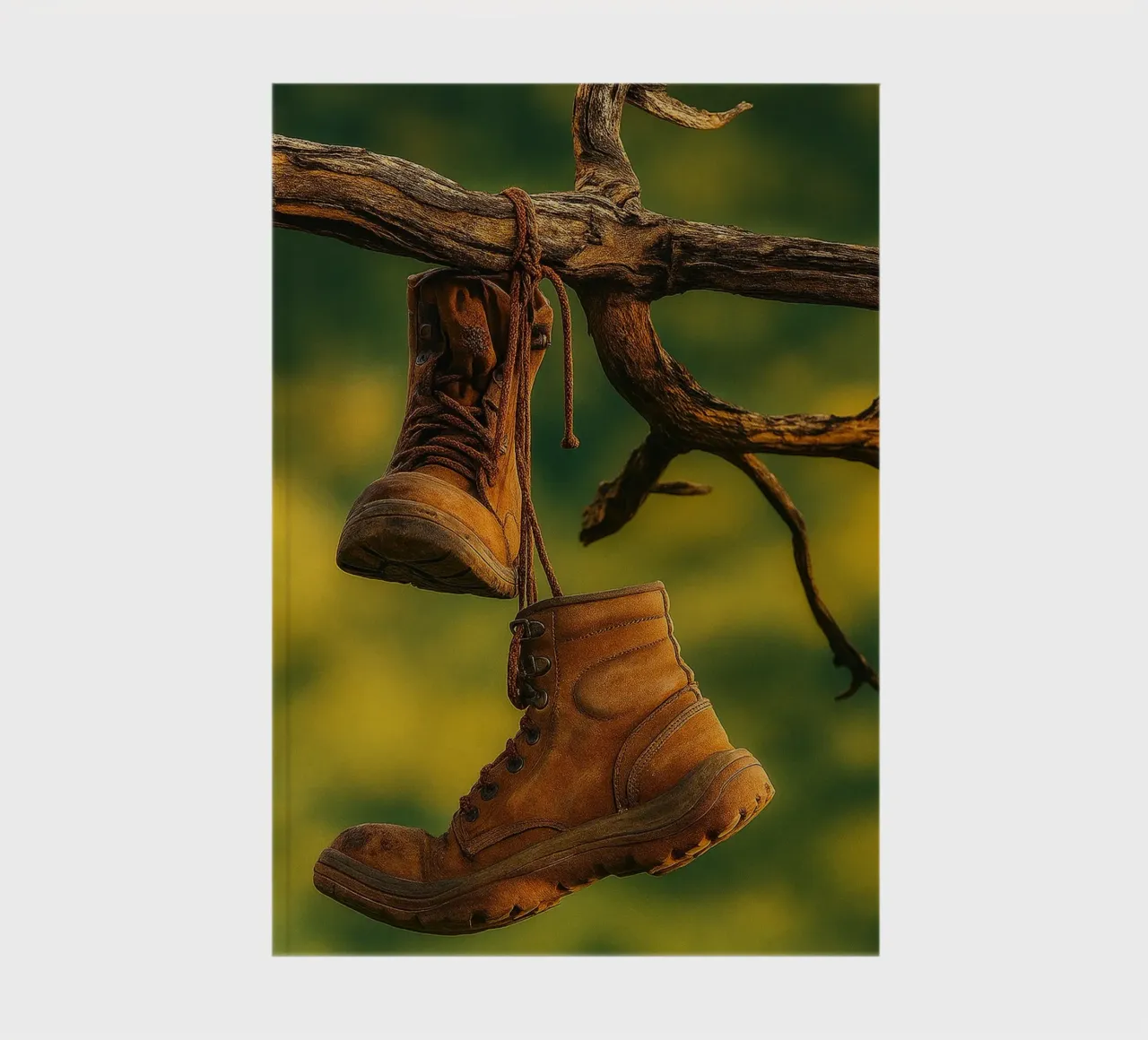 a pair of boots hanging from a tree branch notebook by PASMING