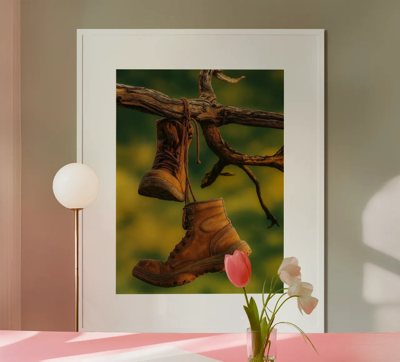 a pair of boots hanging from a tree branch hahnemühle by PASMING