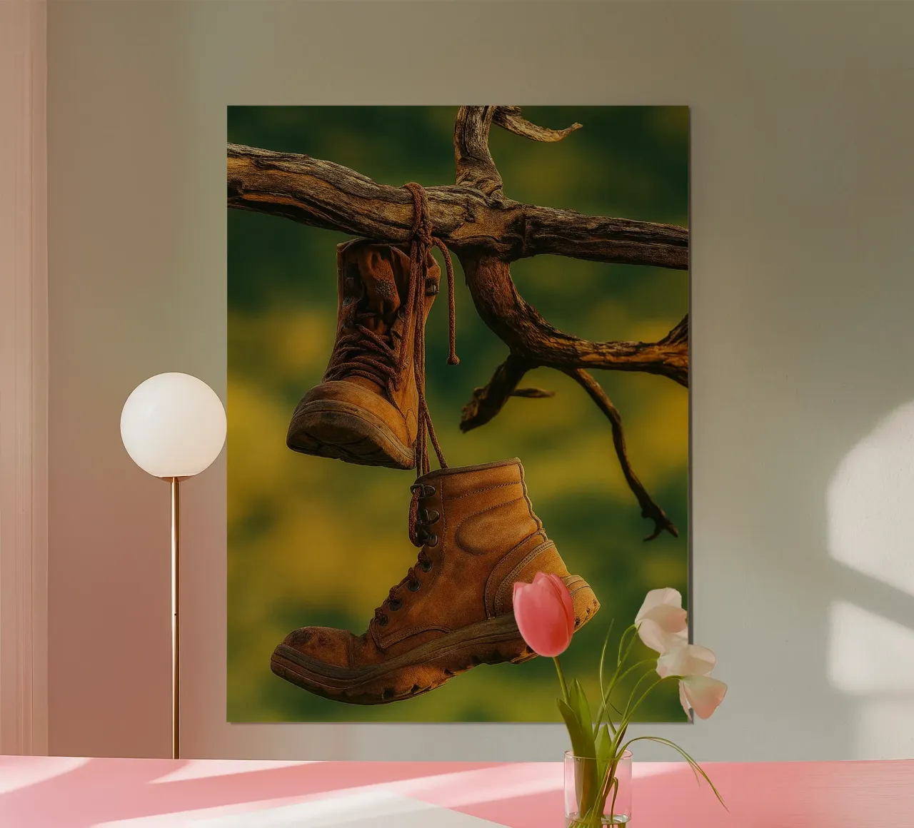 a pair of boots hanging from a tree branch hahnemühle by PASMING