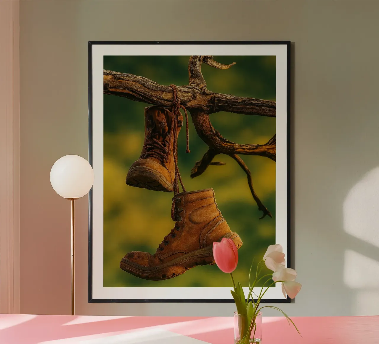 a pair of boots hanging from a tree branch hahnemühle by PASMING