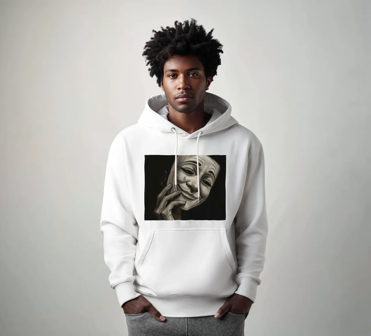 Maschera con mano e sorriso piangente felpa con cappuccio da DesignDoodle