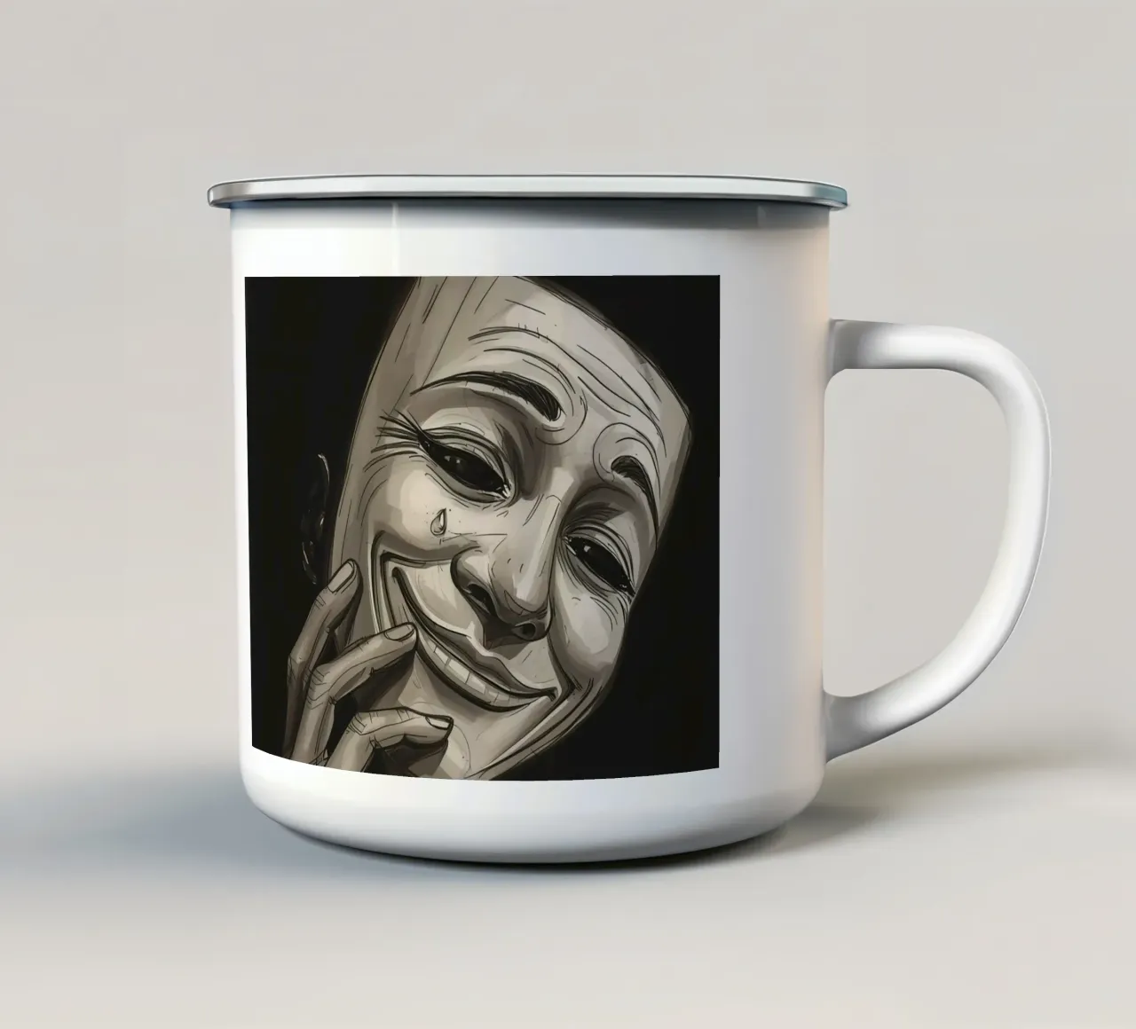 Maschera con mano e sorriso piangente tazza in smalto da DesignDoodle
