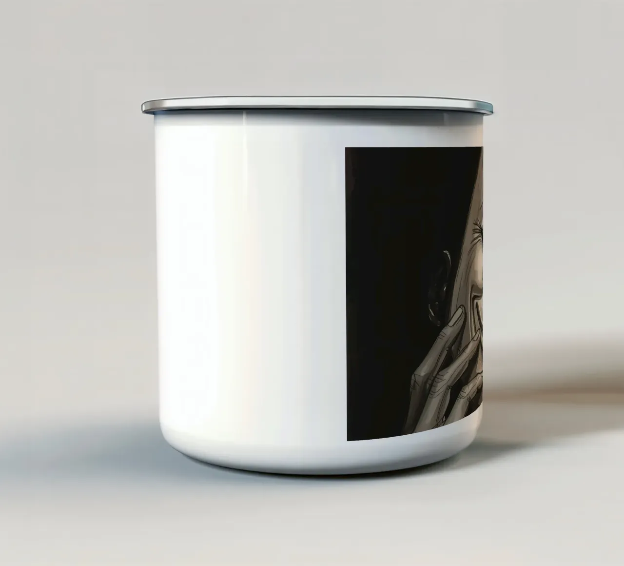 Maschera con mano e sorriso piangente tazza in smalto da DesignDoodle
