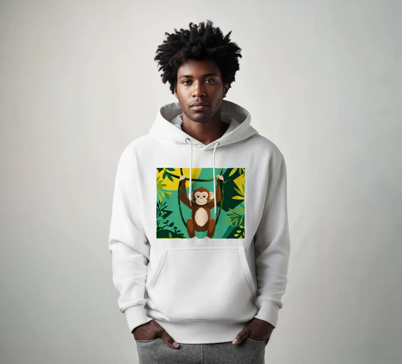 Scimmia felice appesa a una vite con fogliame felpa con cappuccio da DesignDoodle