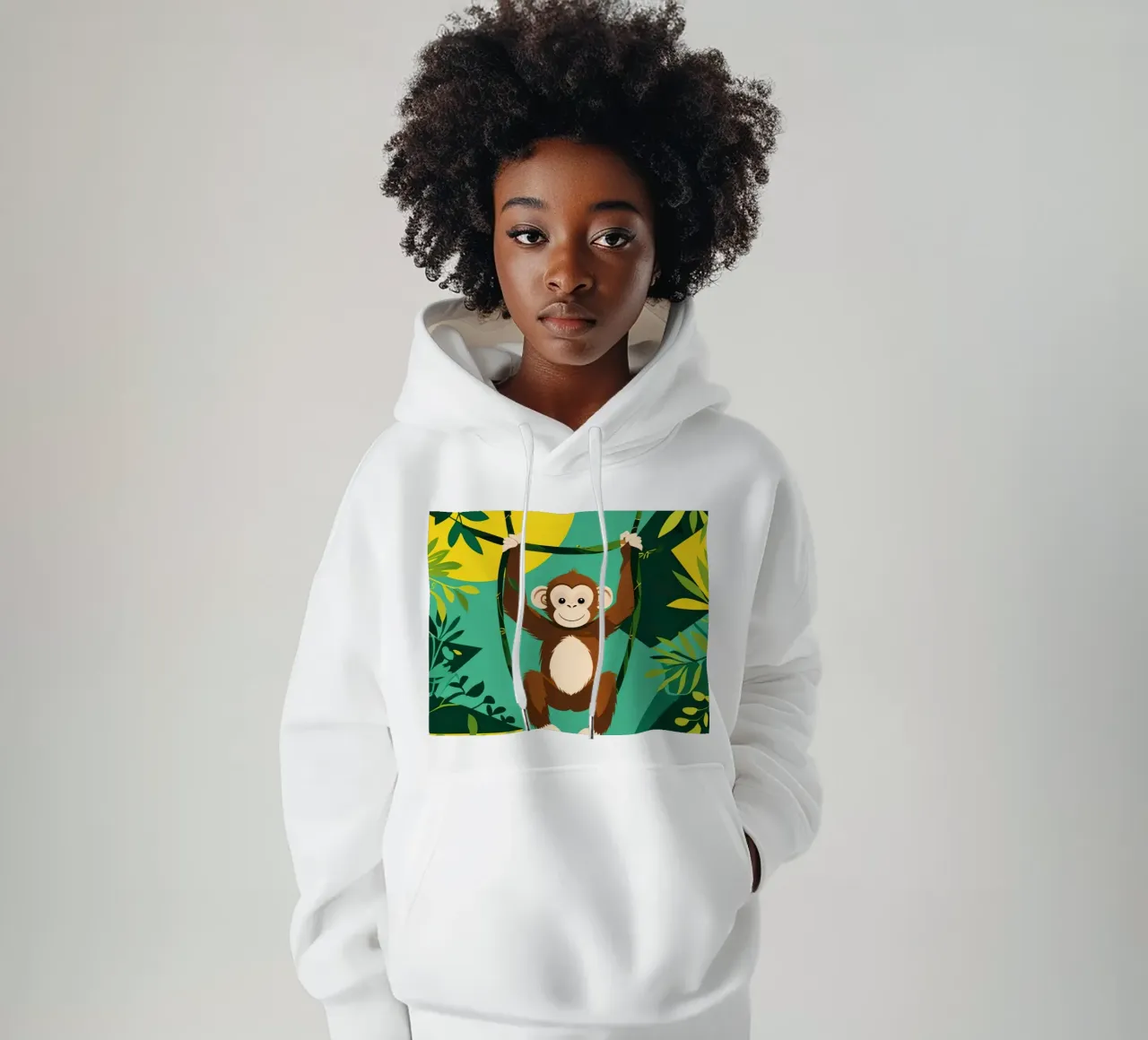 Scimmia felice appesa a una vite con fogliame felpa con cappuccio da DesignDoodle