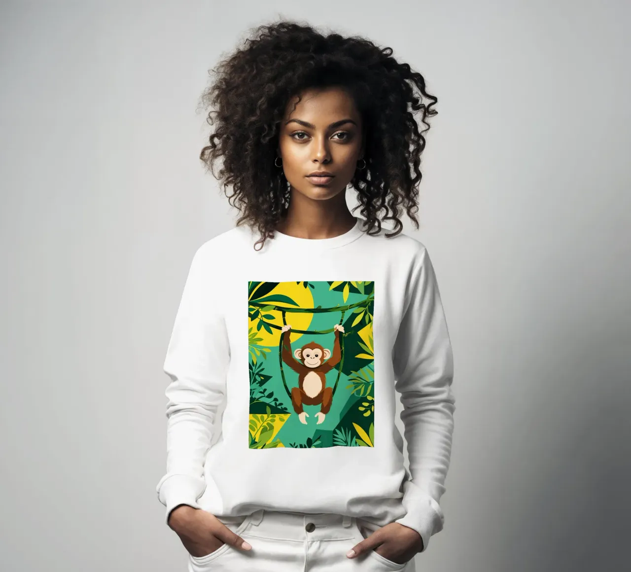 Scimmia felice appesa a una vite con fogliame felpa da DesignDoodle