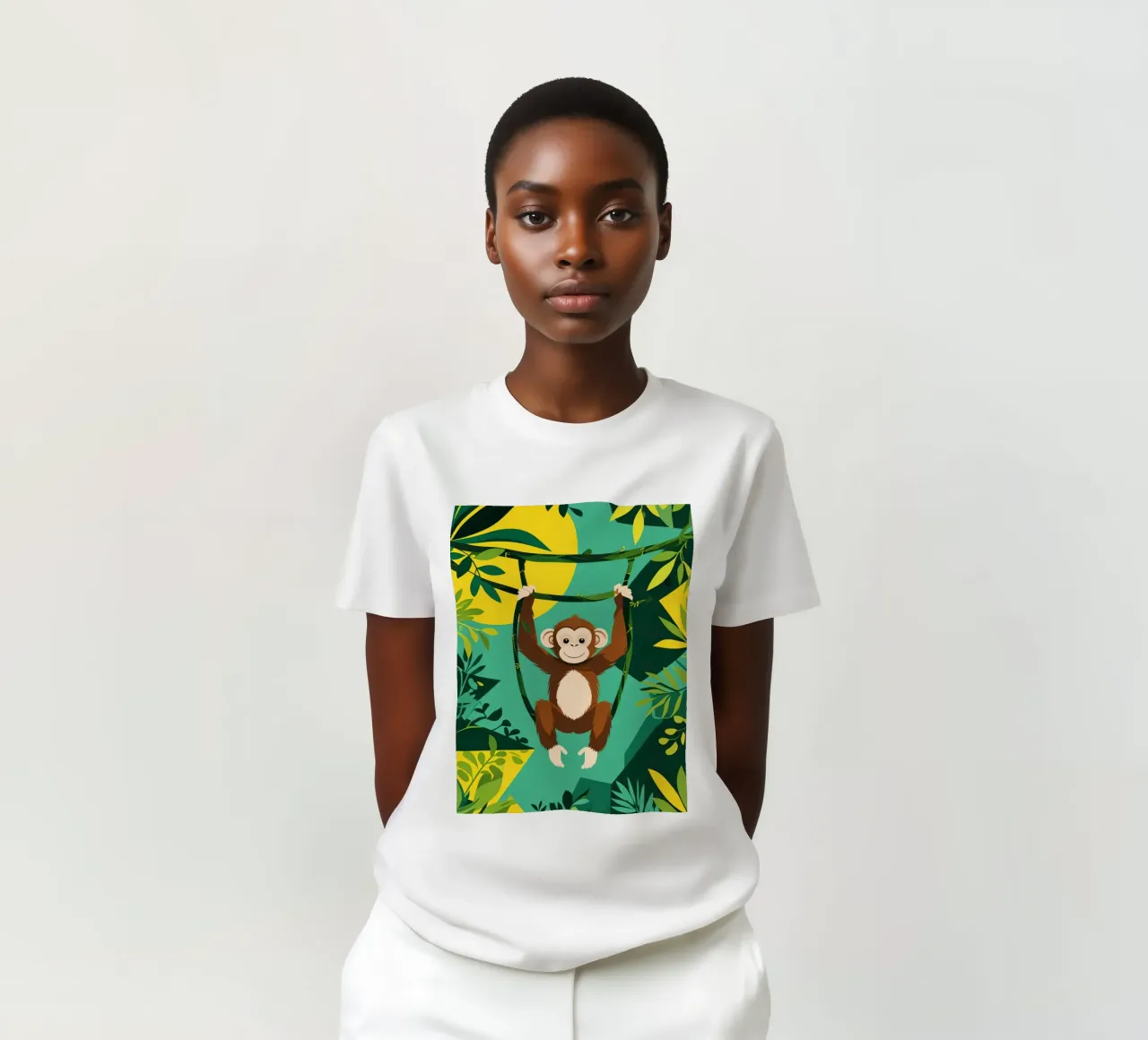 Scimmia felice appesa a una vite con fogliame t-shirt da DesignDoodle