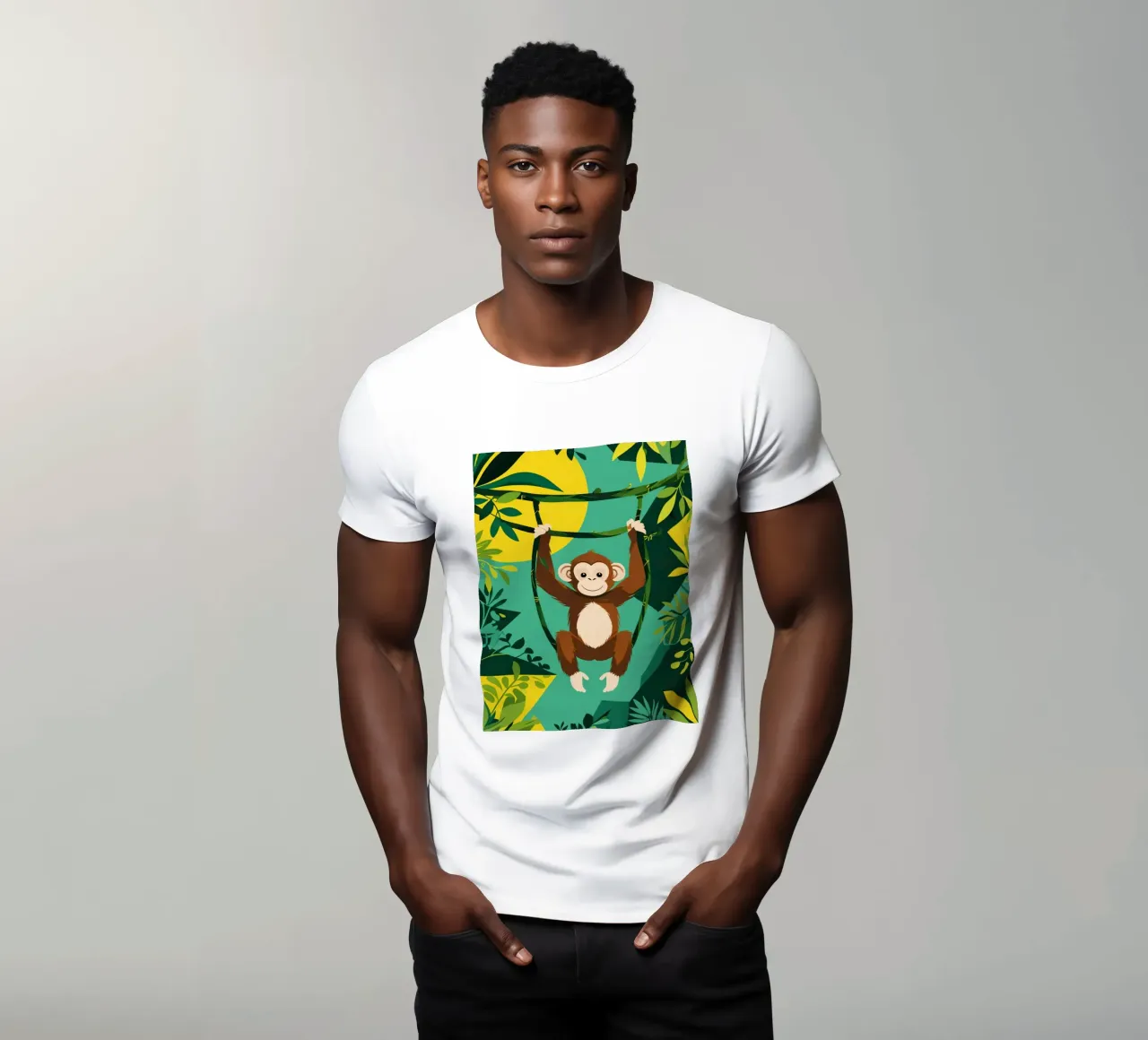Scimmia felice appesa a una vite con fogliame t-shirt da DesignDoodle