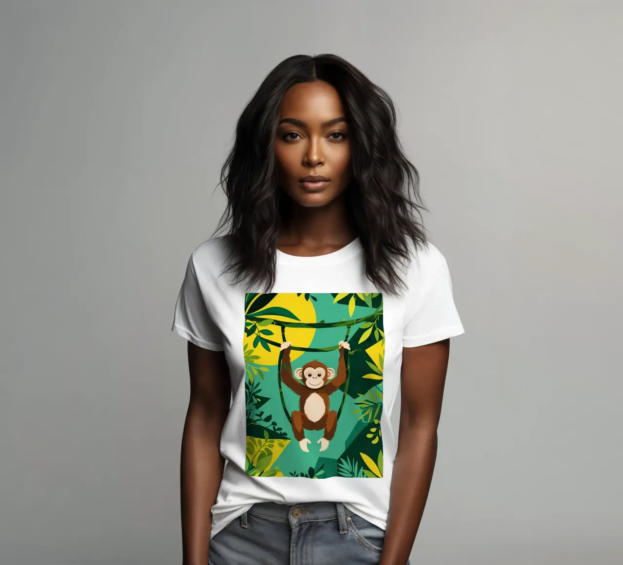 Scimmia felice appesa a una vite con fogliame t-shirt da donna da DesignDoodle