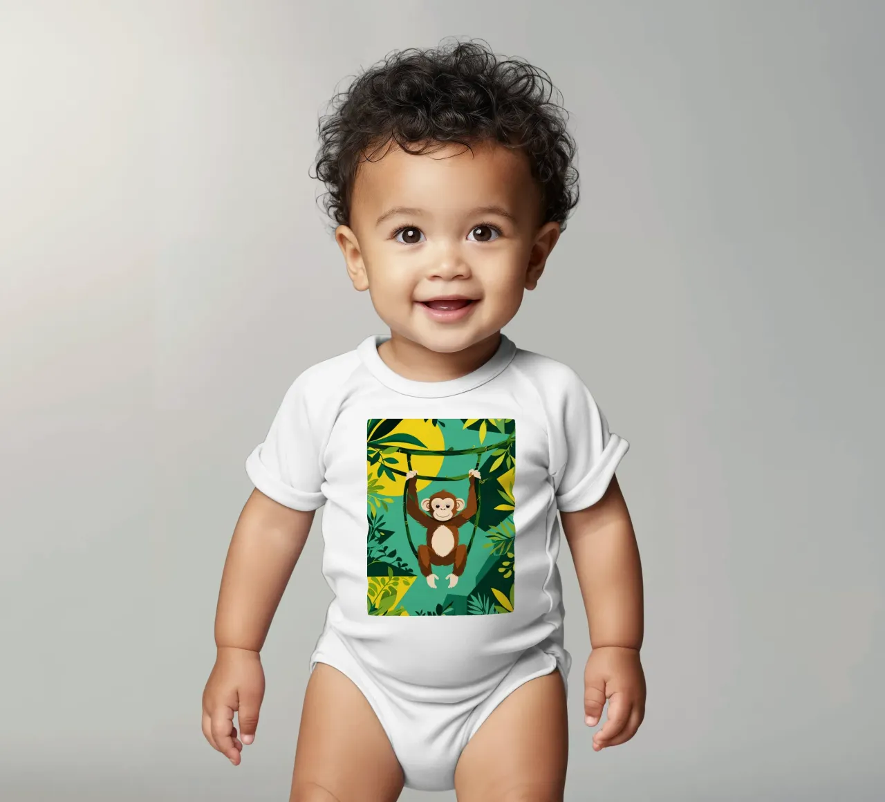 Scimmia felice appesa a una vite con fogliame body neonato maniche corte da DesignDoodle