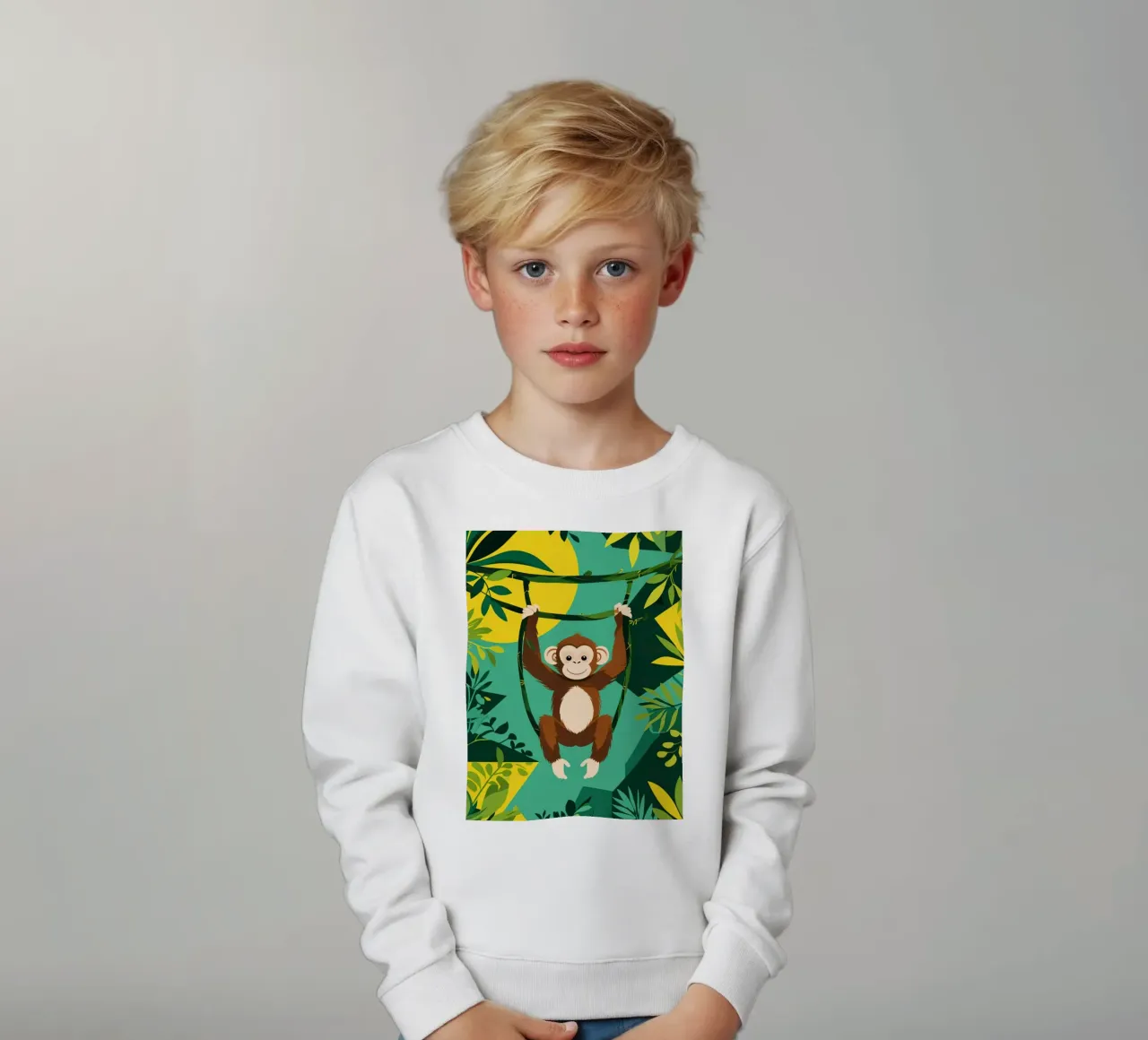 Scimmia felice appesa a una vite con fogliame felpa bambino da DesignDoodle