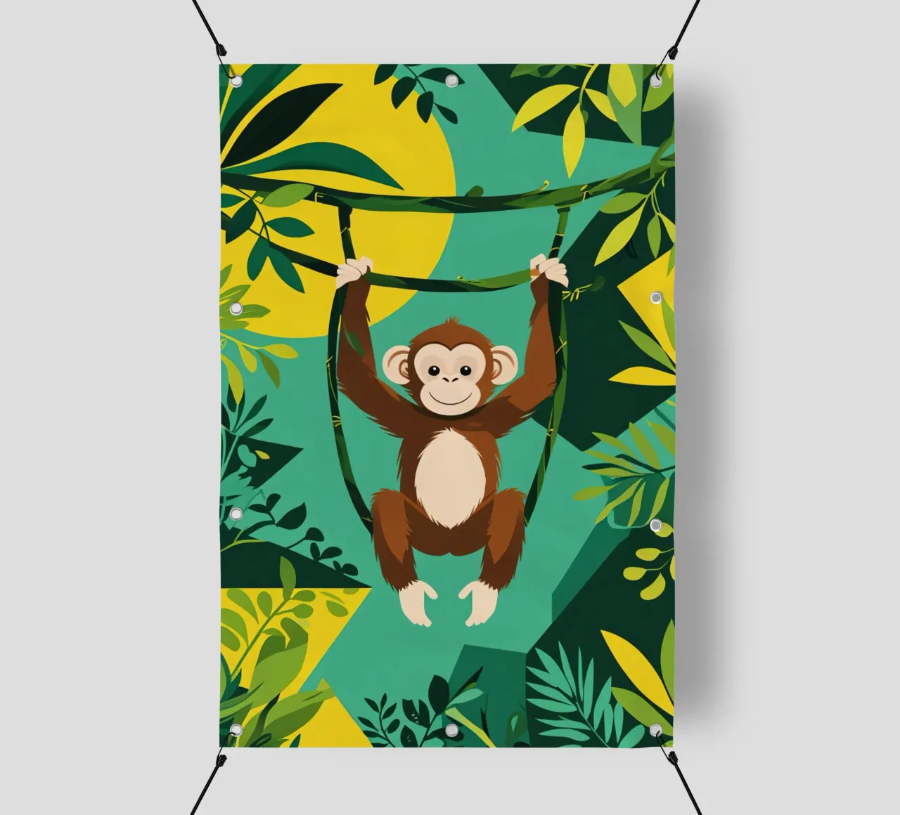 Scimmia felice appesa a una vite con fogliame telo in pvc da DesignDoodle