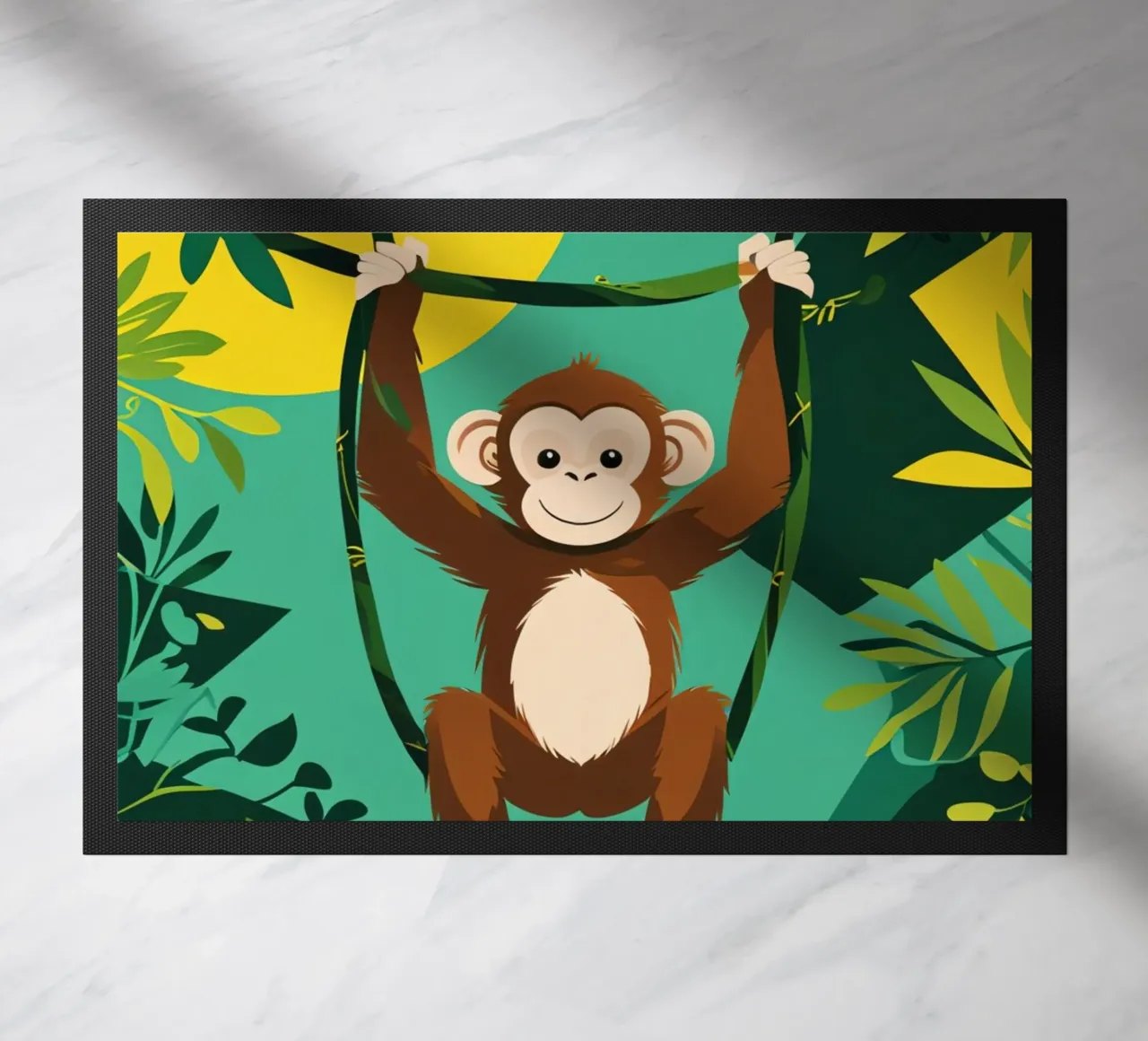 Scimmia felice appesa a una vite con fogliame zerbino da DesignDoodle