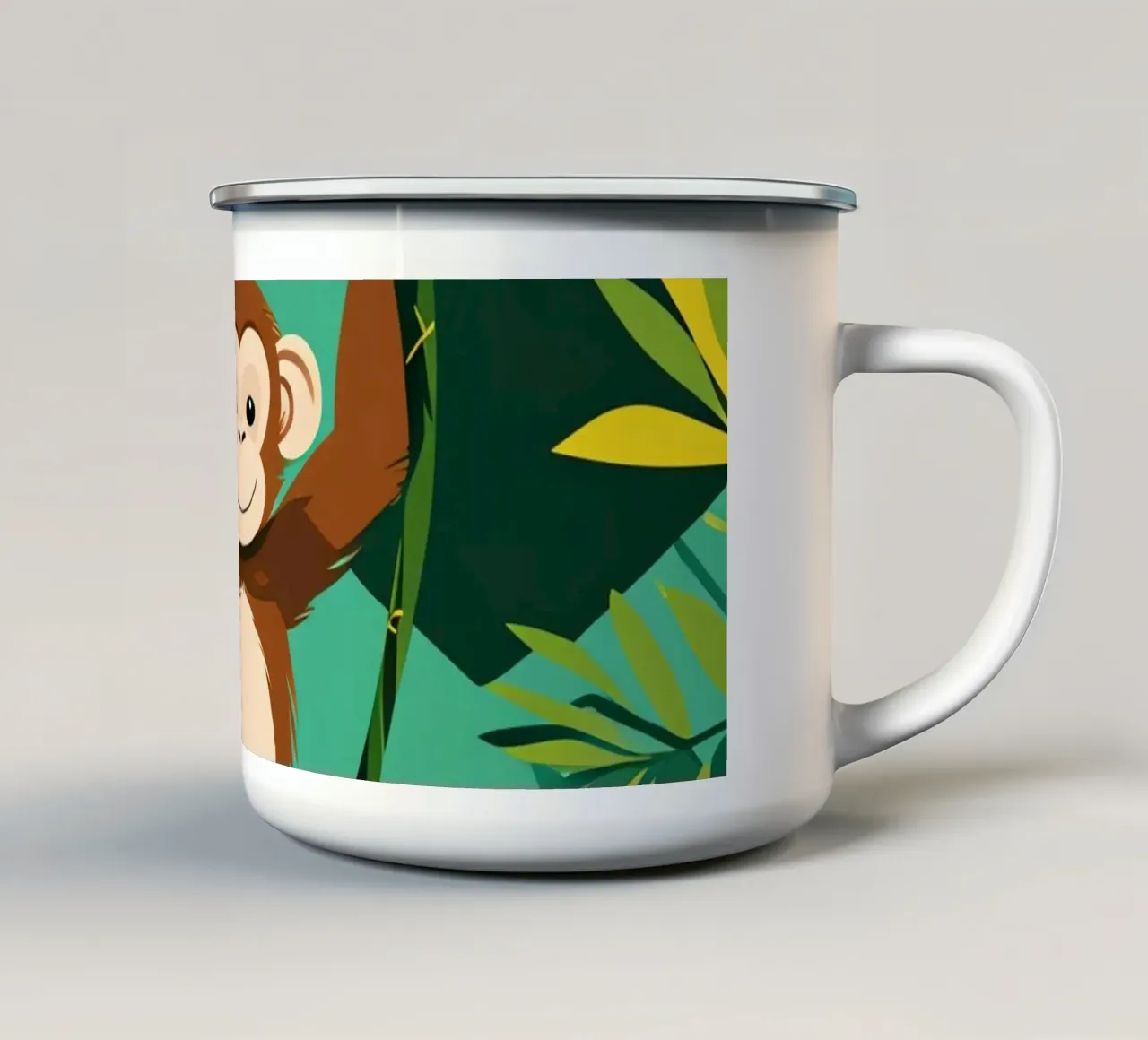 Scimmia felice appesa a una vite con fogliame tazza in smalto da DesignDoodle