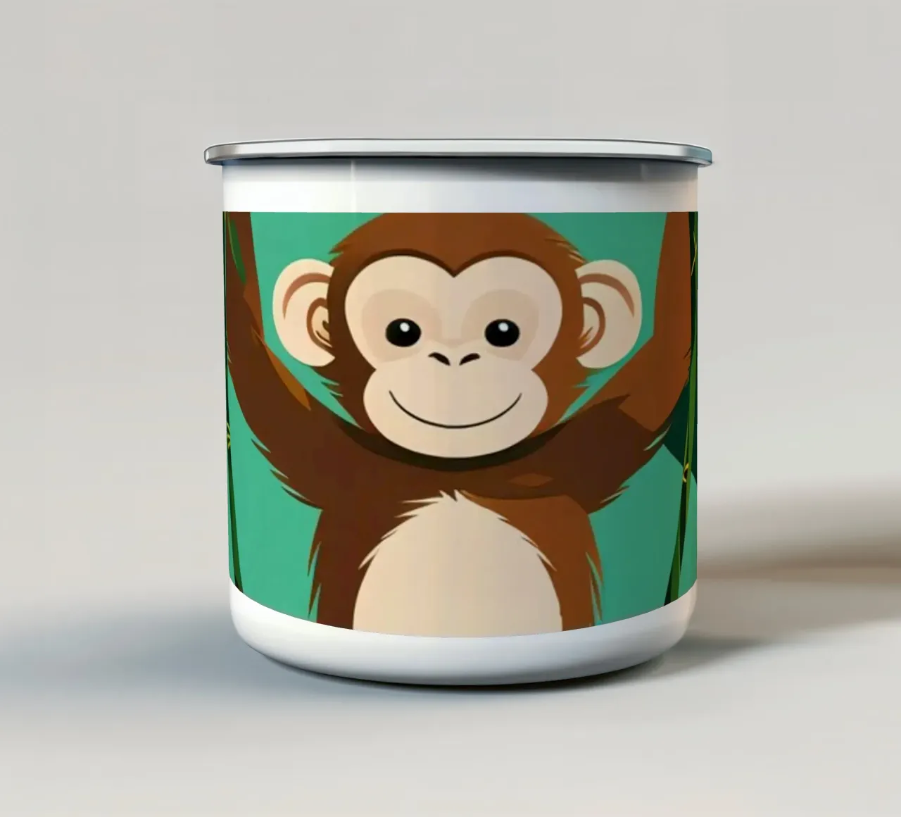 Scimmia felice appesa a una vite con fogliame tazza in smalto da DesignDoodle