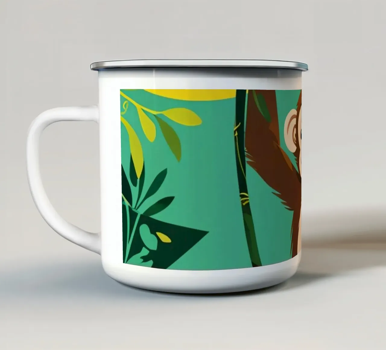 Scimmia felice appesa a una vite con fogliame tazza in smalto da DesignDoodle